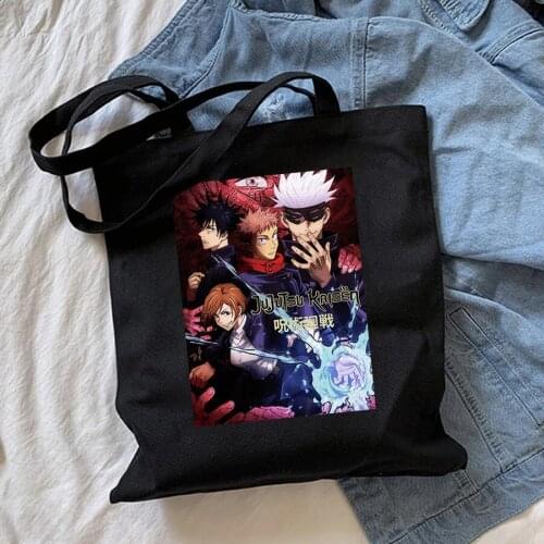 Jujutsu Kaisen Print Korean Brand Shoulder Shopping Bag Cotton Japan Anime Vintage Canvas Tote Bag With Zipper Large Women Bolso