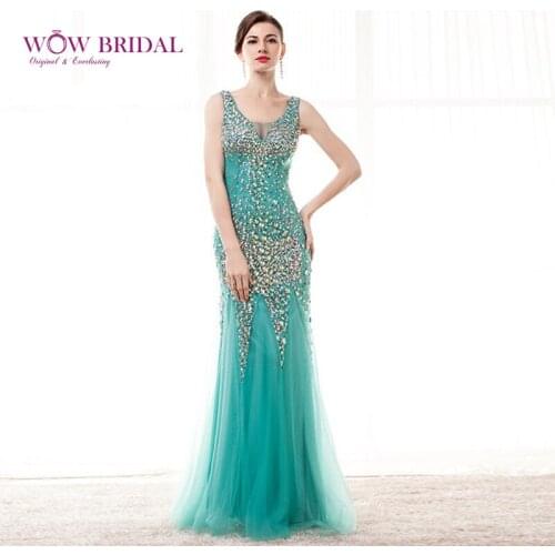 Wowbridal Green Long Crystal Mermaid Evening Dress 2021 Formal Dresses Sexy See Through Rhinestone Evening Gowns Robe de soiree