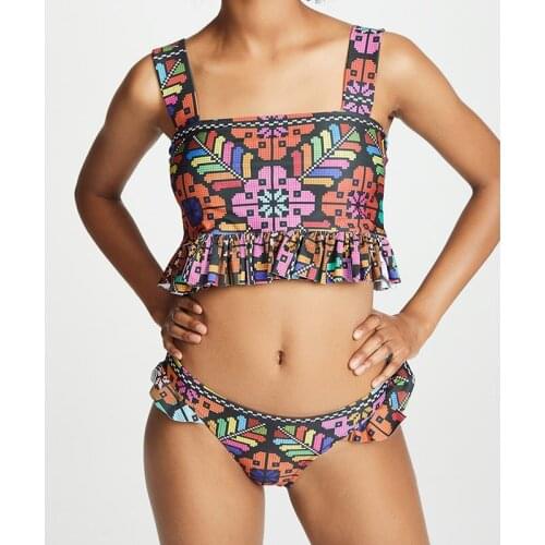 2019 Women Sexy Floral Printing Padded Wireless Runched Hem Shoulder Tankinis set Two Pieces Swimsuits maillot de bain femme