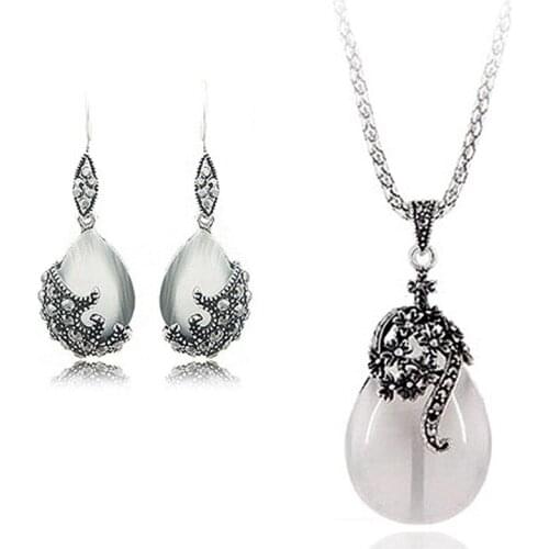 Vintage 925 Sterling Silver Jewelry Sets For Women Fashion Water Drop Shape Cat Eye Stone Pendants Necklace Earring Set
