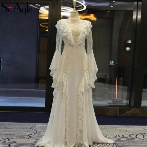 SoAyle 2018 High Neck Evening Dresses Long Sleeves Gorgeous Ruffles Womens Formal Dresses Muslim Dresses Dubai Fashion