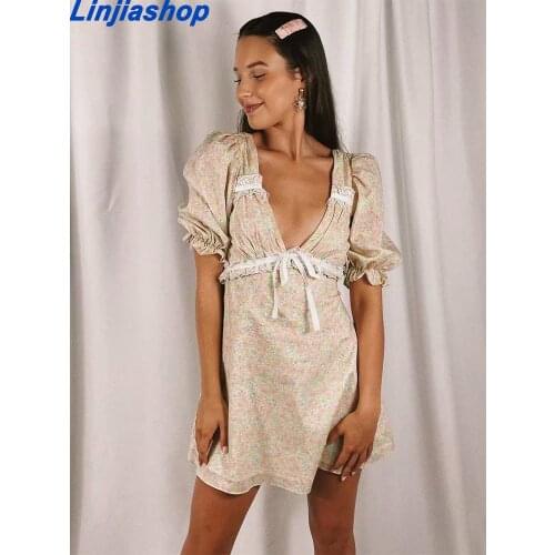 Summer Women Vintage Bandage Tie Bow Backless Dress Retro Puff Sleeve Slim Waist Floral Print Mini Dresses Sexy Robe