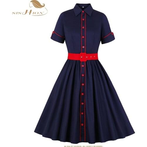 SISHION Autumn Summer Short Sleeve Navy Blue 50s Vintage Dress VD2092 Women Plus Size Retro Swing Cotton Rockabilly Dress