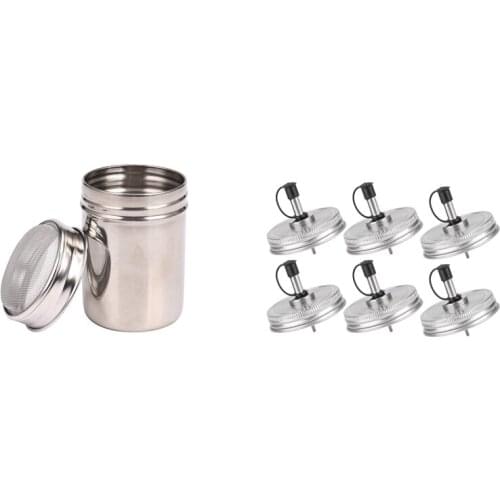 1X Stainless Steel Cocoa Flour Coffee Sifter & 6PCS Stainless Steel 70Mm Regular Mouth Mason Jar Pour Spout Lids