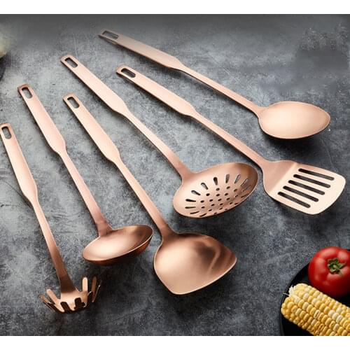 6PCS/Set Cooking Utensils Rose Gold Spatula Slotted Soup Spoon Spaghetti Server Stainless Steel Ladle Skimmer Colander Kitchware