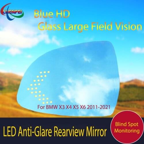 Large View Blue Mirror Anti-Glare Electrically Heated Rearview Mirror With LED Turn Indicator For BMW X3 X4 X5 X6 2011-2021