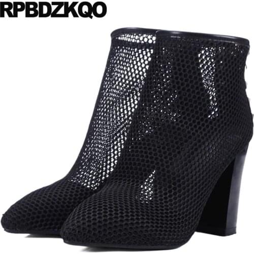 Boots summer cutout white rivet chunky stud high heel mesh designer pointed toe ankle luxury brand shoes women sandals cut out