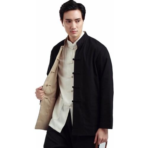 Shanhgai Story two side reversible chinese traditional Two-sided wear mandarin collar shirt Linen chinese kungfu Shirt for men