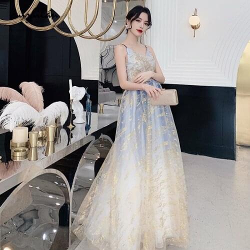 Gradient blue Sequins Prom Dresses sling Sleeveless Vestidos De Gala Elegant Party Gowns qipao Formal Dress cheongsam