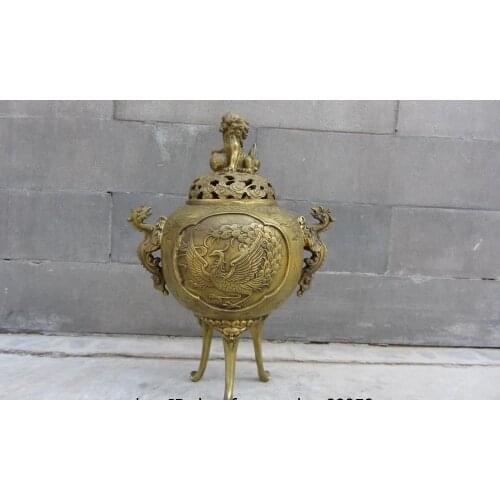 Chinese Royal Brass Copper Feng Shui Dragon Ear Phoenix Incense Burner Censer