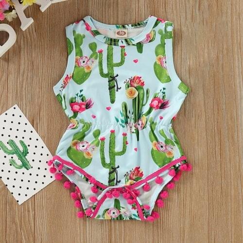 2021 Newborn Infant Baby Girls Lovely Cartoon Plant Cactus Printed Tassel Summer Romper Bodysuit Romper Outfit Set 6M-24M