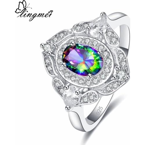 Lingmei Wedding BandSilver ColorJewelry Fashion Multi & Blue & White Zircon Promise Ring Size 6 7 8 9 Cocktail Party Gifts