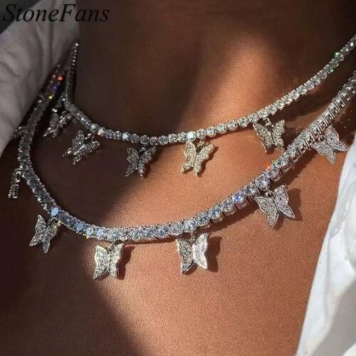 Stonefans Fashion Iced Out Tennis Chain Crystal Butterfly Choker Necklace for Women Rhinestone Pendant Necklace Wholesale Items