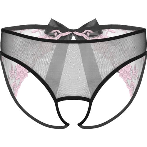 Mens Lingerie Panties Crotchless See-Through Sissy Underwear Low Waist Bowknot Embroidered Erotic Briefs Mesh T-back Underpants