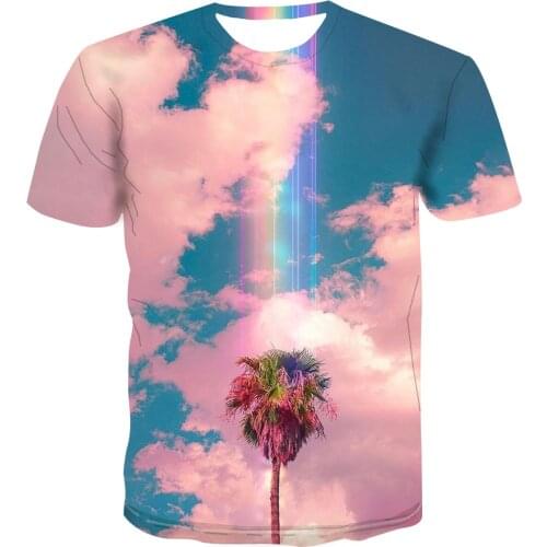 2020 new Popular fashion 3D t-shirt mens and womens street fashion short sleeve rainbow coconut tree landscape casual Top