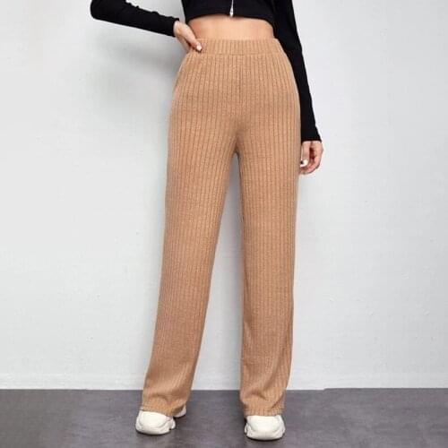 2021 New Womens Fashion Elastic Casual Pants Pit High Waist Knitted Wide Leg Pants Womens Velvet Casual Straight Pants