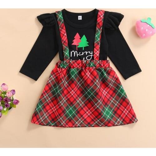 Newest Arrival Little Girls Casual Two Pieces Suit Kids Cute Christmas Printed Long Sleeve Tops+Printed Suspender Skirts Sets