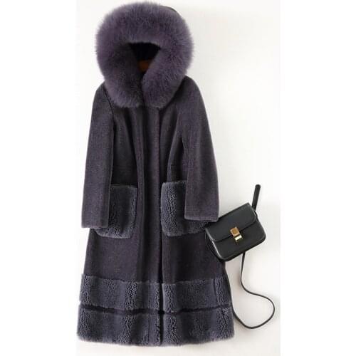 Sheep sheared coat female long section 2019 new fox fur hooded one Haining fur wool coat jacket