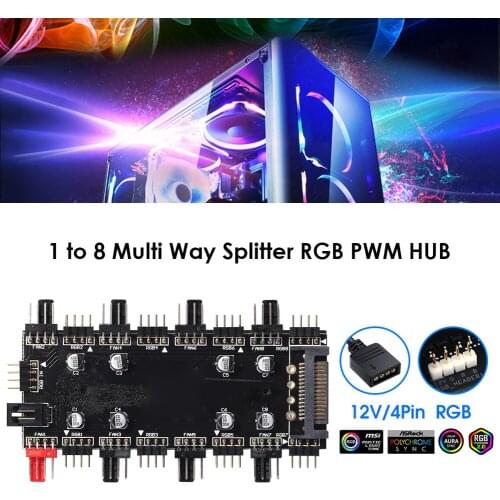 1 To 8 Multi Way Splitter RGB PWM HUB for PC Fan Cooler Motherboard 12V/4 Pin LED Strip Light Adapter Powered By SATA/Large 4D
