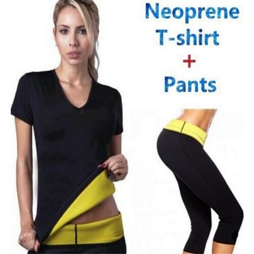 Pants +T shirt) Super shaper control panties shorts women corset stretch neoprene shirt sweat slimming body shaper