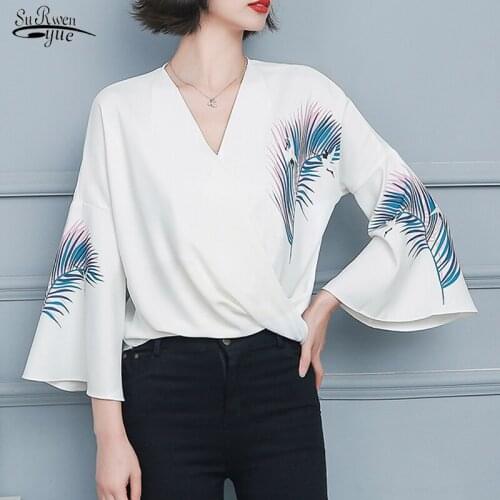 Spring Summer 2021 Printed Bat Sleeve V-neck Collar Chiffon Shirt with Long Sleeves Loose-fitting Belly White Top Fairy 13510