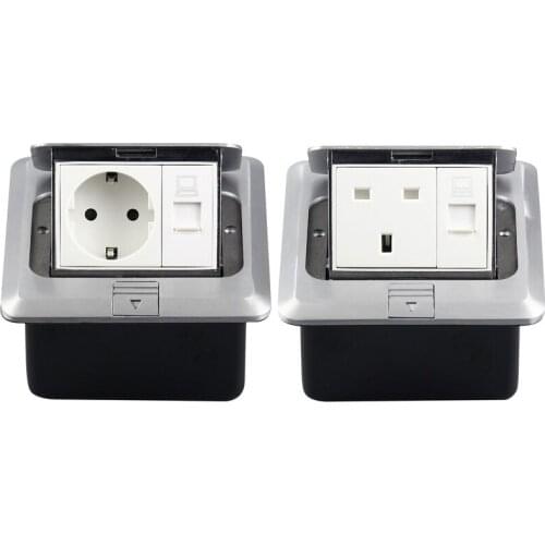 EU Standard Pop Up Floor Socket Aluminum Panel German/UK Type Power Electrical Outlet With RJ45 Internet Computer Port 13A/16A