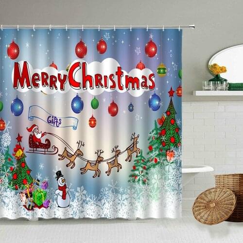 Merry Christmas Shower Curtain New Year Holiday Party Decor Bathroom Christmas Ball Santa Claus Snowman Pattern Screen With Hook