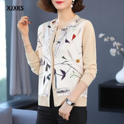 XJXKS 2021 spring autumn new fashion wool knitted stitching women sweater cardigan casual single-breasted women small coat