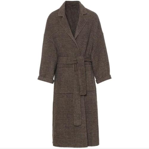 Women Wool Coat Plaid Women Jacket Loose Long belted Woolen Coat Winter Coat Woolen Overcoat