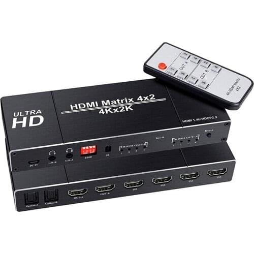 2.0 HDMI Matrix 4x2 4K HDR Switch Splitter 4 In 2 Out Optical SPDIF + 3.5mm Jack Audio Extractor HDMI Switcher Hot