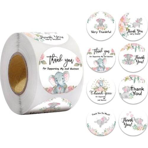 500 Sheets/Roll Elephant Thank You Stickers Baby Shower Party Decor Blue Footprint Labels Gender Reveal Bag Sealing Sticker