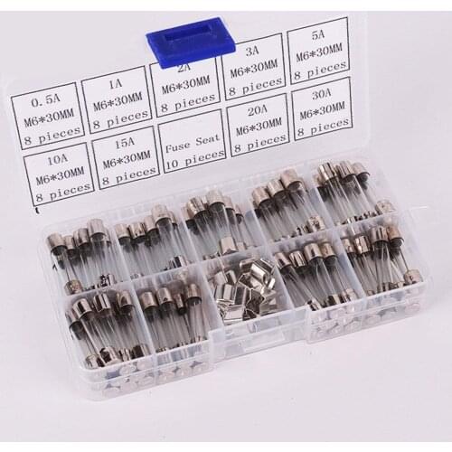 72pcs 6x30mm Fast-blow Glass Fuse Quick Blow Car Glass Tube Fuse Assorted Kit 0.5A,1A,2A,3A,5A,10A,15A,20A,30A & 10pcs fuse seat
