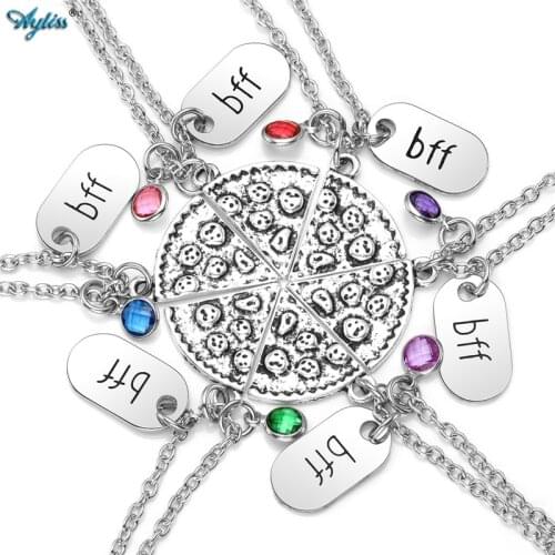 Ayliss 6pc Alloy Pizza Slice Necklace Charm Colorful Crystal Pizza Pendant bff Friend Forever Friendship Necklace colar de pizza