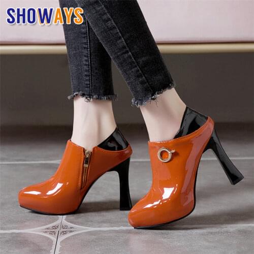 Plus Size Patent Leather Women Ankle Boots Orange Black Mixed Color Office Ladies Pointed Toe High Heels Zipper Platform Booties