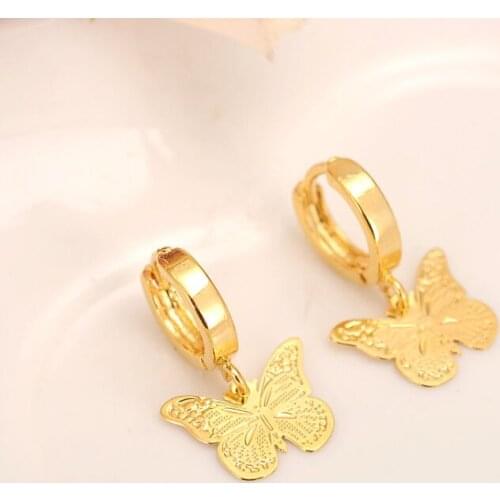 Brand 14 k Solid Fine Yellow gold FINISH Luxury Butterfly Charm Earring Fashion Gold Women Girl Jewelry Gift pretty