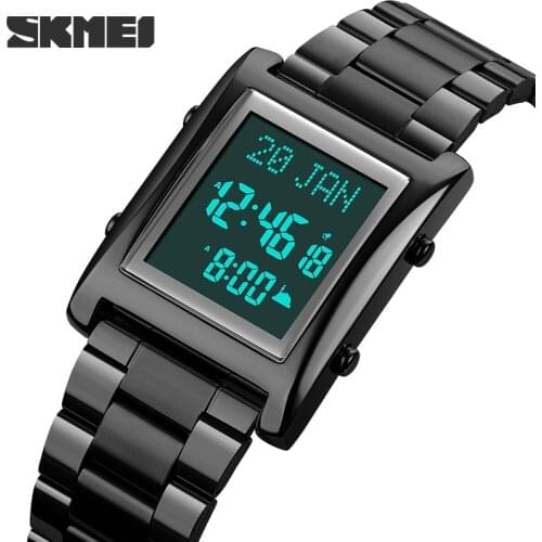 SKMEI Azan Watch for Muslim Prayer with Qibla Compass Islam Al-Harameen Fajr Time Clock Include Hijri Calendar montre homme