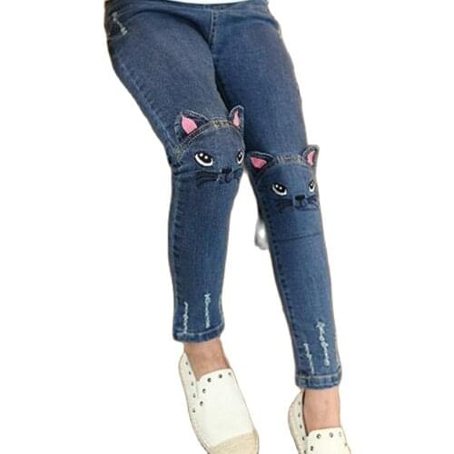 Girls Jeans Spring Autumn Childrens Wear Kids Cartoon Cat Embroidery Jeans Pencil Pants Jeans Baby Girl Kids Jeans 2-10 Ages