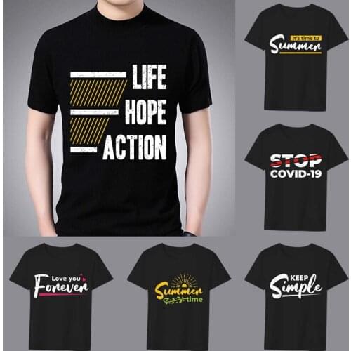 Mens Classic T-shirt Casual O-neck Inspirational Youth Phrase Printing Pattern Series Commuter All-match Breathable Black Shirt