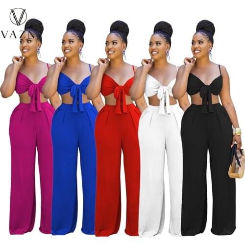 VAZN 2021 INS Spaghetti Strap Set Solid Joker Overalls Elegant Wide Leg Long Pants High Waist Slim Women 2 Piece Set