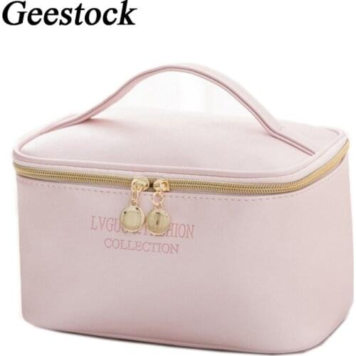 Geestock Large Travel Cosmetic Bag for Women PU Leather Waterproof Zipper Makeup Bag Cross pattern Beauty Case Washing Organizer
