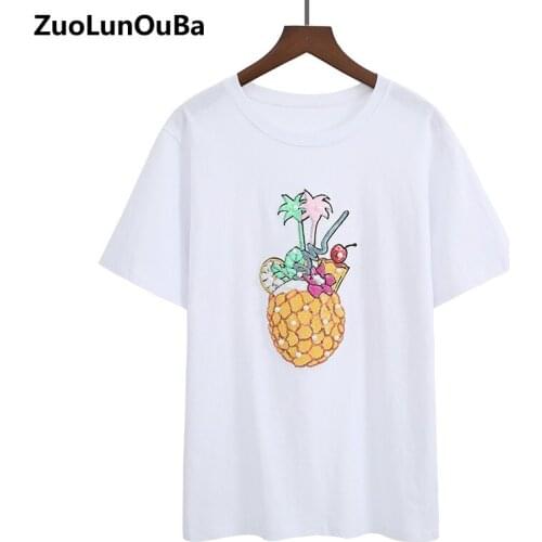 Summer Korean Version Of The Heavy Industry T-shirt Female Sequined Loose White Half-sleeved T-shirt Cartoon Casual Ladies Tops