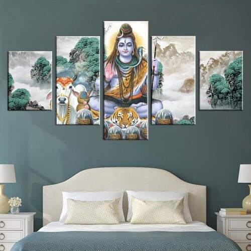 Room Wall Art Pictures Decor 5 Pieces HD Printing Hindu God Lord Shiva And Animals Horse Scenery Poster Modular Canvas Paintings