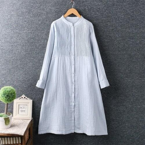 2020 New Autumn Women Double Cotton Yarn Dress Mori Girl Organ Pleats Loose Long Sleeve Solid Color Dress Women