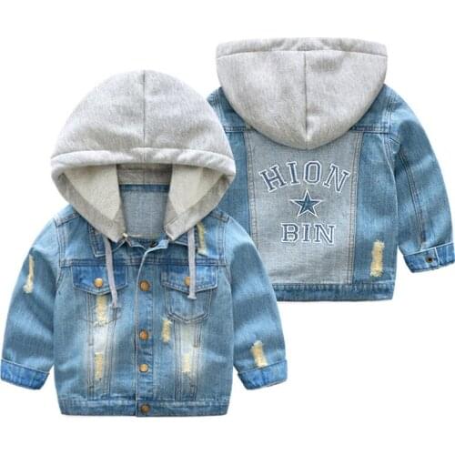 New Fashion Boys Girls Hole Denim Jackets Kids Clothing Spring Autumn Children Outwear Coat Kids Warm Coats Hooded