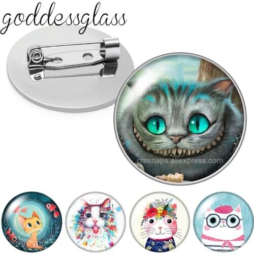 Cartoon cats Lovely ragdoll cat cute Alice Cat Round Glass cabochon Brooch Dome Photo Jewelry Brooches Pin For Gift