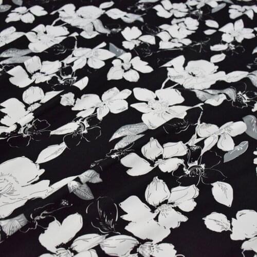 Half Meter Fashion Classic Black Bottom White Big Flower Print High Grade Chiffon Fabric For Dress Cheongsam Lady Garment T1660