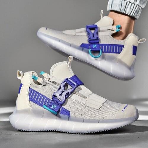 Korean Buckle Zipper Casual Shoes Color Sweat-Absorbant Mesh Breathable Sneakers Men Hard-Wearing Anti-Odor Slip-On Tide Shoes