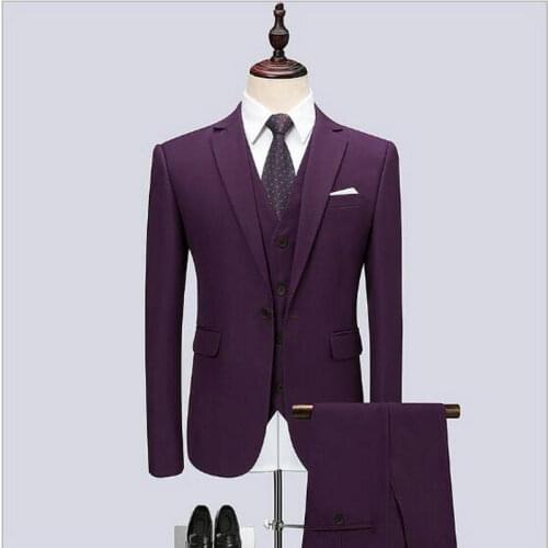Drop Shipping Latest Coat Pant Design Purple Business Men Suit Slim Fit Tuxedo (Jacket+Vest+Pants) Formal Groom Wedding Suit