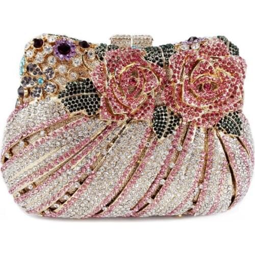 2016 Luxury two roses Blue Rhinestone Evening Bag Crystal Clutch Handbag Women Wedding Party Bag Clutch Purse Q27