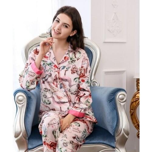 Two-piece Silk Pajamas Womens Spring, Summer and Autumn Mulberry Silk Long-sleeved Trousers Home Service Pajamas Sleep Tops